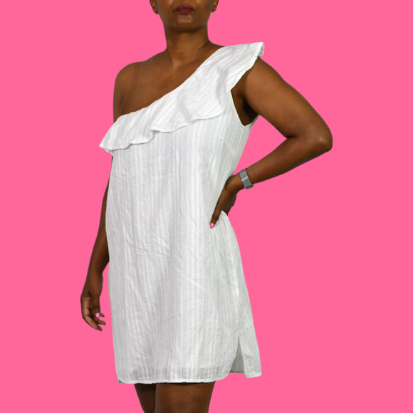 Cloth Stone One Shoulder Dress White Mini Shift Ruffle Textured Cotton Medium - Picture 8 of 14